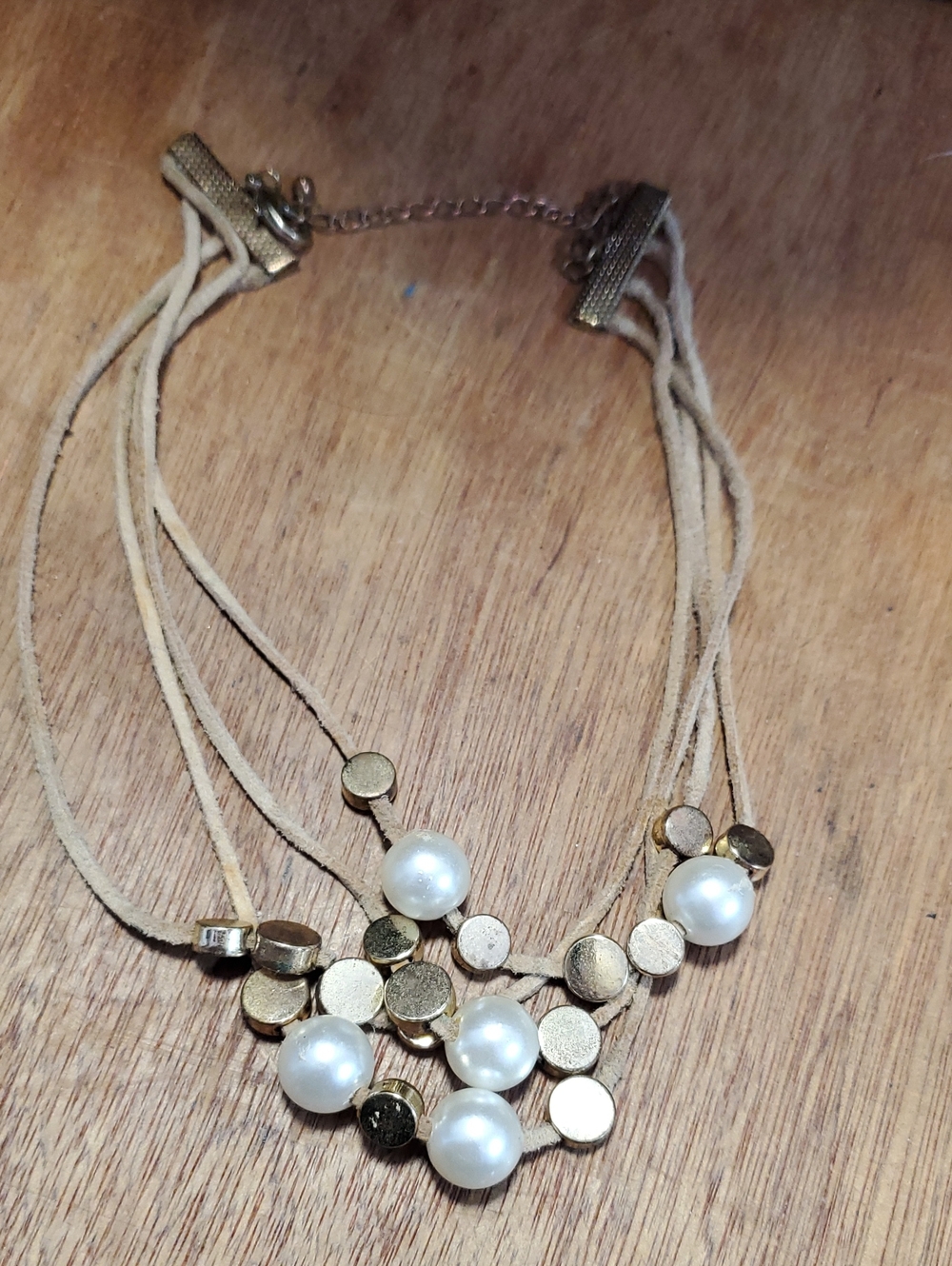 Elegant Faux Pearl Chocker Strung On Leather With Gold Tone Accents D